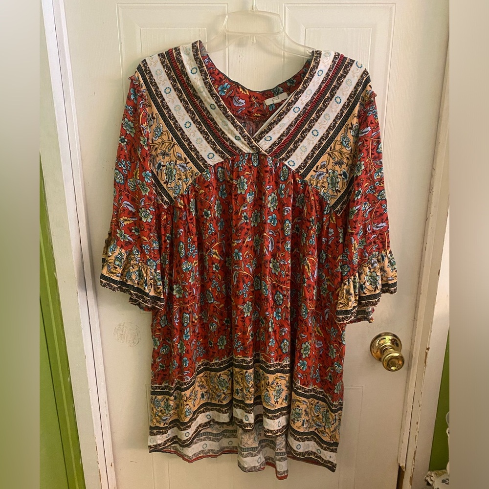 easel Red Multicolor Floral Boho Peasant Tunic Dress